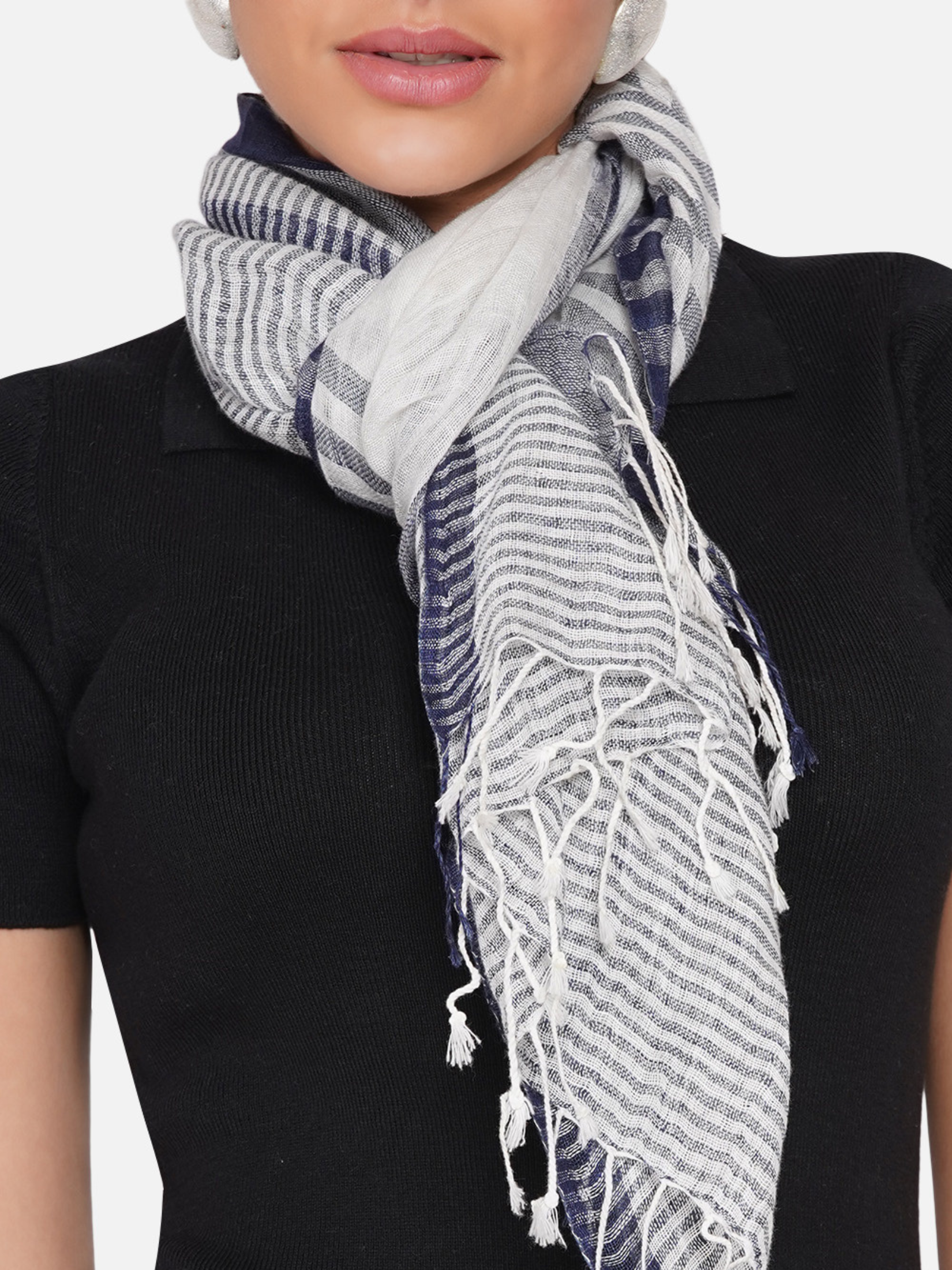 PURE LINEN STRIPED BLUE SCARF